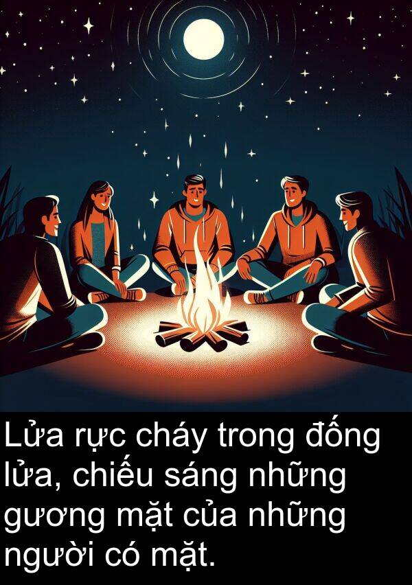 lửa: Lửa rực cháy trong đống lửa, chiếu sáng những gương mặt của những người có mặt.