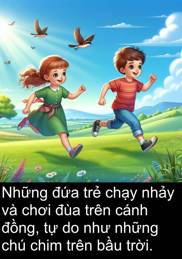 đùa: Những đứa trẻ chạy nhảy và chơi đùa trên cánh đồng, tự do như những chú chim trên bầu trời.