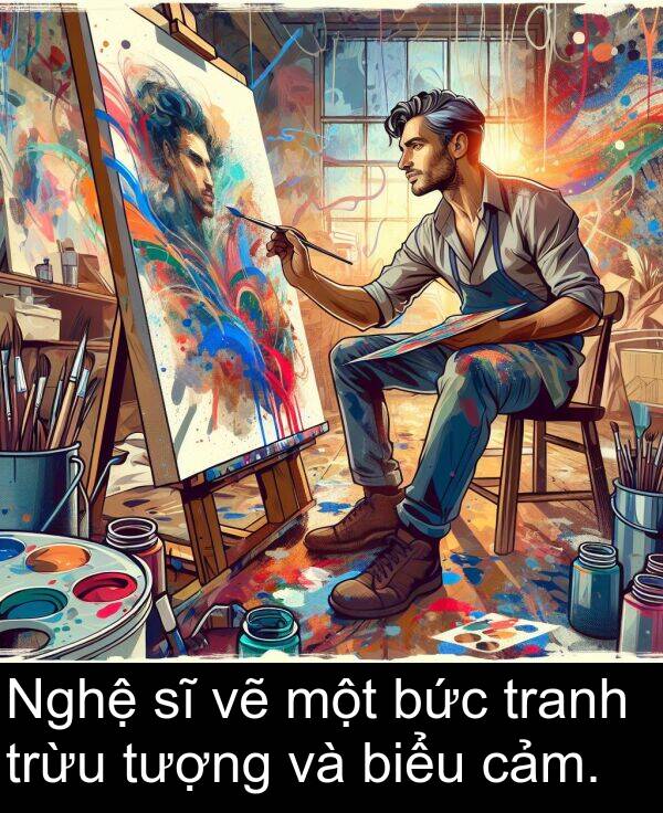 tranh: Nghệ sĩ vẽ một bức tranh trừu tượng và biểu cảm.