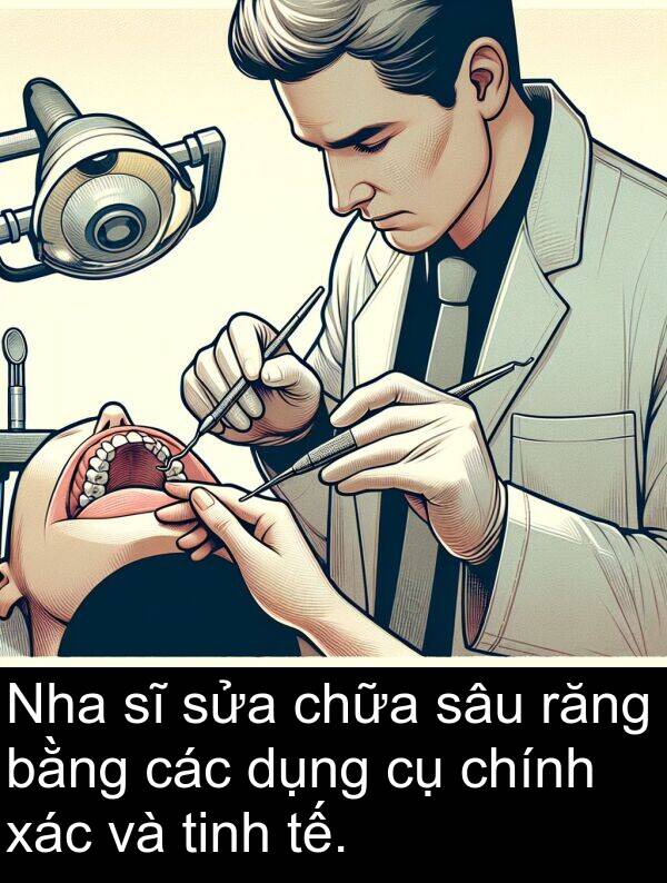 chính: Nha sĩ sửa chữa sâu răng bằng các dụng cụ chính xác và tinh tế.