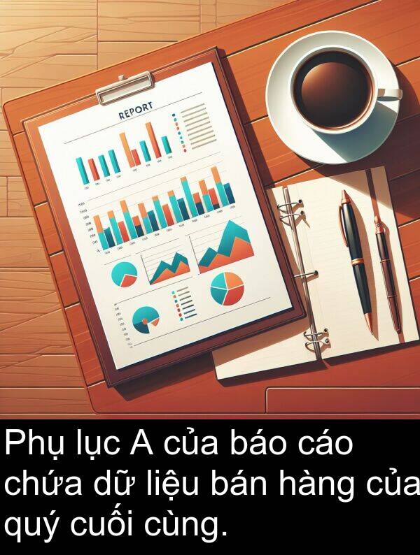 chứa: Phụ lục A của báo cáo chứa dữ liệu bán hàng của quý cuối cùng.