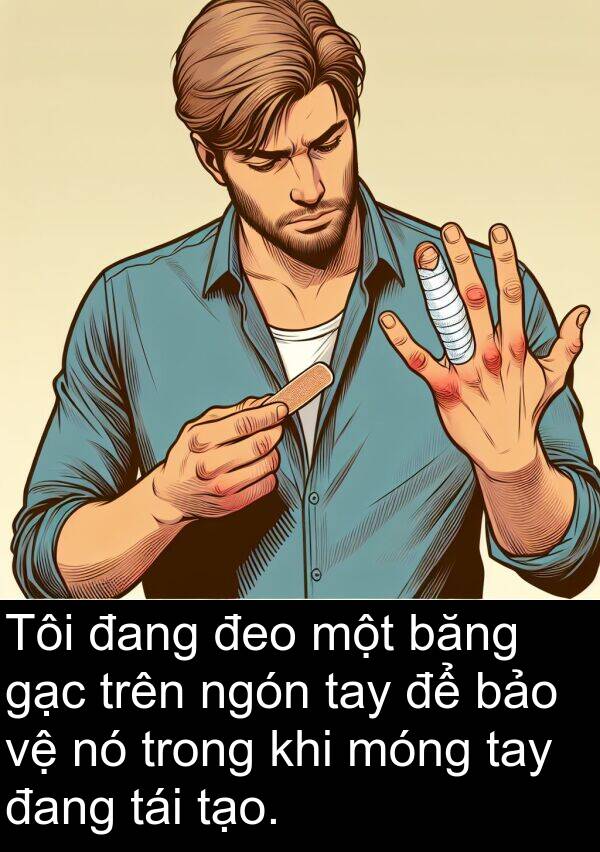 đeo: Tôi đang đeo một băng gạc trên ngón tay để bảo vệ nó trong khi móng tay đang tái tạo.