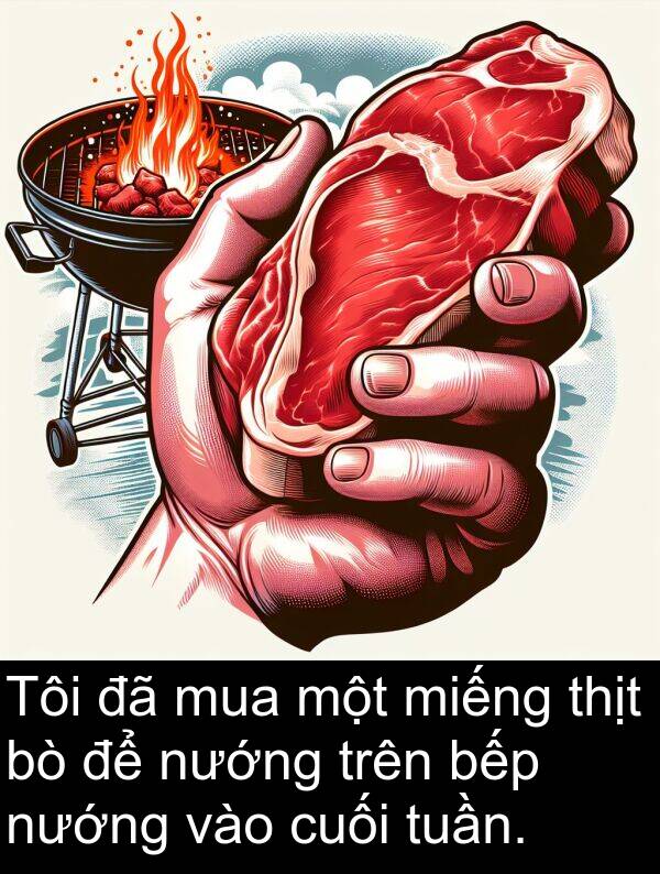 thịt: Tôi đã mua một miếng thịt bò để nướng trên bếp nướng vào cuối tuần.